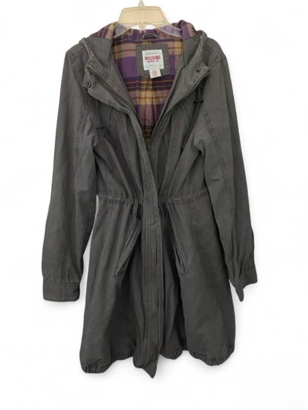 Mossimo Supply Co. Mushroom Brown Taupe Brown Plaid Lined Hooded Utility Coat L